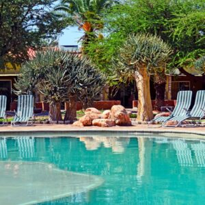 Stay at an oasis in the midst of the red Kalahari dunes
